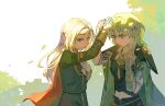  2girls armor byleth_(female)_(fire_emblem) byleth_(fire_emblem) cape edelgard_von_hresvelg enlightened_byleth_(female) fire_emblem fire_emblem:_three_houses garreg_mach_monastery_uniform green_eyes green_hair hair_ribbon headpat highres long_hair midriff multiple_girls outdoors purple_eyes red_cape ribbon risericem shoulder_cape uniform white_hair 