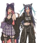  2girls alternate_costume bare_shoulders black_choker black_hair black_pants blue_eyes blue_hair blunt_bangs bow breasts choker criis-chan danganronpa_(series) danganronpa_2:_goodbye_despair ear_piercing hair_bow hair_horns jewelry large_breasts long_hair looking_at_viewer midriff mioda_ibuki mouth_piercing multicolored_hair multiple_girls navel_piercing open_mouth pants panty_&amp;_stocking_with_garterbelt piercing pink_eyes pink_hair shirt short_sleeves skirt smile stocking_(psg) thighhighs two-tone_hair white_hair 