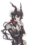  1boy animal_ears arknights artist_name ascot belt black_coat black_hair bow brown_vest buttons coat commentary crossed_arms ebenholz_(arknights) english_commentary english_text epaulettes goat_boy goat_ears goat_horns goat_tail hair_bow hand_up highres horns long_hair looking_at_viewer male_focus open_clothes open_coat parted_lips ponytail purple_eyes red_bow rio_(rio773) simple_background solo twitter_username upper_body vest wavy_hair white_ascot white_background white_belt 