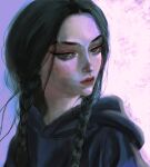 1girl black_hair braid closed_mouth english_commentary expressionless forehead grey_background grey_eyes hood hoodie lips long_hair looking_to_the_side low_twin_braids nose original portrait sidelighting simple_background sitry solo sweater twin_braids upper_body 