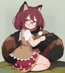  1girl animal_ears breasts brown_eyes brown_shirt brown_skirt closed_mouth commentary_request from_side full_body futatsuiwa_mamizou highres holding lap_pillow_invitation looking_at_viewer mimikaki raccoon_ears raccoon_girl raccoon_tail red-framed_eyewear seiza semi-rimless_eyewear shirt short_hair short_sleeves sitting skirt solo tail touhou under-rim_eyewear yoshiyuki_(14330975) 