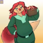  1:1 ambiguous_gender anthro clothed clothing darnathi food foxenawolf fruit fur gradient_background hair isla_aukate looking_at_viewer orange_hair peach_(fruit) plant simple_background solo tail tan_body tan_fur 