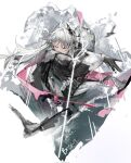  1girl arknights black_gloves capelet choppy_bangs closed_eyes commentary gloves head_wings highres holding holding_sword holding_weapon irene_(arknights) long_hair shijiubashuazi signature solo sword weapon white_background white_capelet white_hair wings 