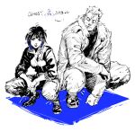  1boy 1girl batou_(gits) blue_hair blunt_bangs commentary eyelashes fur-trimmed_jacket fur_trim ghost_in_the_shell jacket kotteri kusanagi_motoko looking_at_viewer pants partially_colored shoes short_hair simple_background squatting 
