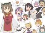  6+girls :&lt; :d adapted_costume afterimage anger_vein angry animal_ear_fluff animal_ears bare_legs bare_shoulders bell bird_wings black_hair blonde_hair blush bow bowtie braid brown_eyes brown_hair bun_cover capelet cat_ears cat_tail chen chopsticks citrus_(place) crescent crescent_hair_ornament crying double_bun dress earmuffs earrings feathered_wings frills gold_trim grey_hair hair_bun hair_ornament hat hat_ornament holding holding_stick hong_meiling jewelry jingle_bell junko_(touhou) long_sleeves looking_at_viewer mob_cap mouse_ears multicolored_hair multiple_girls multiple_tails nazrin nekomata open_mouth patchouli_knowledge phoenix_crown pointing pointing_at_another pointy_hair purple_bow purple_bowtie rabbit_ears red_dress red_hair reisen_udongein_inaba ritual_baton shameimaru_aya simple_background single_earring sleeves_past_wrists smile standing standing_on_one_leg star_(symbol) star_hat_ornament stick streaked_hair tail tokin_hat toramaru_shou touhou toyosatomimi_no_miko translation_request twin_braids two_tails v-shaped_eyebrows wavy_mouth white_background white_dress wings 