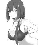  1girl arm_behind_back black_bra black_hair blush bra breasts cleavage collarbone grey_eyes hair_between_eyes hair_over_shoulder hair_ribbon haruzu2000 highres large_breasts long_hair looking_at_viewer monochrome navel open_mouth ribbon simple_background solo tougou_mimori underwear upper_body white_background yuuki_yuuna_wa_yuusha_de_aru yuusha_de_aru 