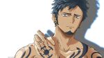  1boy black_hair facial_hair frown goatee hand_tattoo hand_up highres long_sideburns looking_at_viewer male_focus nude one_piece pinattsu sanpaku short_hair sideburns solo tattoo toned toned_male trafalgar_law tsurime upper_body 