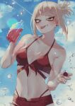  1girl absurdres bikini blonde_hair blue_sky boku_no_hero_academia bottle breasts chibi_228 cleavage cloud day fang front-tie_bikini_top front-tie_top highleg highleg_bikini highres holding holding_bottle looking_at_viewer medium_breasts messy_hair narrowed_eyes outdoors red_bikini sky slit_pupils solo swimsuit toga_himiko tongue tongue_out water_drop yellow_eyes 