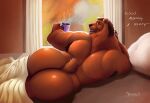  absurd_res anthro bear bed bedding bedroom berngruff beverage big_butt blanket bubble_butt butt coffee coffee_mug furniture hi_res inviting looking_at_viewer lying lying_on_bed male mammal on_bed on_side pillow short_tail solo tail 