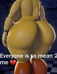  3d_(artwork) 5_fingers absurd_res animatronic anthro avian big_butt bird breasts butt butt_focus checkered_floor chicken digital_media_(artwork) emoji everyone_is_so_mean_to_me female fingers five_nights_at_freddy&#039;s five_nights_at_freddy&#039;s_2 galliform gallus_(genus) hi_res huge_butt humor joke lewdwithlogan machine meme nude orange_legs phasianid rear_view robot scottgames solo solo_focus source_filmmaker tail text thick_thighs toy_chica_(fnaf) yellow_body 