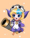  1girl :d absurdres animal beseunaj-jamjaneun_gemdol-i bird bird_costume blonde_hair blue_eyes fang green_eyes green_hair highres holding holding_weapon league_of_legends multicolored_hair official_alternate_costume open_mouth pengu_cosplay_tristana penguin rocket_launcher smile star_(symbol) teeth tristana upper_teeth_only weapon yordle 