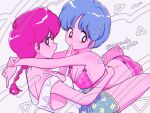  2girls back blue_hair bra braid braided_ponytail breasts highres multiple_girls panties pink_panties punch121ykk ranma-chan ranma_1/2 red_hair short_hair simple_background tendou_akane triangle twitter_username underwear white_background yuri 