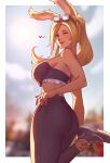 animal_ears ass avatar_(ff14) blonde_hair bloopiest blue_eyes blurry blurry_background breasts commission eyewear_on_head final_fantasy final_fantasy_xiv heart highres large_breasts long_hair looking_at_viewer one_eye_closed pants ponytail rabbit_ears sports_bra tight tight_pants viera 