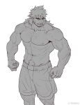  1boy abs arm_hair arms_at_sides bara broad_shoulders chest_hair feet_out_of_frame goatee_stubble greyscale hairy hand_hair highres huge_eyebrows large_pectorals leg_hair long_hair looking_to_the_side male_focus mature_male monochrome muscular muscular_male navel navel_hair nipples open_mouth original pectorals sanpaku selkiro shorts sideburns_stubble solo sparse_chest_hair spiked_hair standing stomach thick_navel_hair topless_male v-taper veins veiny_arms 