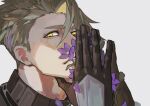  1boy absurdres achilles_(fate) armor black_gloves fate/apocrypha fate_(series) flower from_side gloves grey_background hair_between_eyes haruakira highres holding holding_flower looking_at_viewer male_focus mature_male parted_lips petals purple_flower simple_background solo turtleneck undercut yellow_eyes 