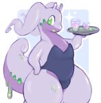  2022 anthro container cup female generation_6_pokemon glass glass_container glass_cup goodra green_eyes hand_on_hip hi_res looking_at_viewer nintendo open_mouth pawberry pokemon pokemon_(species) slime smile solo solo_focus standing thick_thighs wide_hips 