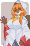  anthro arumo big_breasts blush breasts brown_clothing brown_gloves brown_handwear canid canine clothing female gloves hair handwear hi_res long_hair long_sleeves mammal one_eye_closed open_mouth orange_hair raccoon_dog red_eyes smile solo tanuki twintails_(hairstyle) yellow_sclera 
