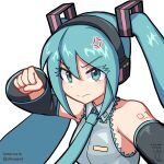  1girl anger_vein angry arm_tattoo blue_eyes blue_necktie clenched_hand collarbone collared_shirt commission dated detached_sleeves digiral english_commentary grey_shirt hair_between_eyes hatsune_miku headphones incoming_attack incoming_punch looking_at_viewer necktie punching shirt sleeveless sleeveless_shirt solo tattoo twintails twitter_username v-shaped_eyebrows vocaloid white_background 