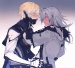  1boy 1girl blonde_hair blue_eyes blush commandant_(punishing:_gray_raven) covering_mouth cyborg ear_piercing full-face_blush fur-trimmed_jacket fur_trim grey_eyes grey_hair grey_jacket hand_over_another&#039;s_mouth hands_on_another&#039;s_hips highres hood hooded_jacket imminent_kiss jacket lee:_hyperreal_(punishing:_gray_raven) lee_(punishing:_gray_raven) long_hair mao_(expuella) mechanical_parts piercing punishing:_gray_raven rejected_kiss short_hair shy sweat 
