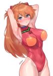  1girl absurdres adapted_costume ahoge armpits arms_behind_head artist_name blue_eyes blush breasts closed_mouth hair_between_eyes highleg highleg_leotard highres interface_headset large_breasts leotard light_frown long_hair looking_at_viewer neon_genesis_evangelion norza orange_hair plugsuit red_leotard simple_background solo souryuu_asuka_langley turtleneck_leotard white_background 