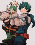  2boys alternate_eye_color aqua_bodysuit aqua_gloves baggy_pants bakugou_katsuki bangs belt belt_pouch black_mask black_pants blonde_hair blush boku_no_hero_academia bright_pupils chiyaya covered_abs curly_hair dynamy_(boku_no_hero_academia) explosive eye_mask freckles gloves green_eyes green_hair grenade hair_between_eyes hands_up happy headgear high_collar highres leaning_forward looking_at_another male_focus midoriya_izuku multiple_boys open_mouth orange_eyes pac-man_eyes pants pouch red_belt sanpaku short_hair simple_background single_horizontal_stripe slouching smile spiked_hair teeth toned toned_male upper_teeth_only utility_belt white_gloves white_pupils wrist_guards x 