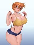  1girl absurdres blue_eyes breasts cleavage commentary cowboy_shot crocodilchikart denim denim_shorts english_commentary hair_between_eyes highres large_breasts looking_at_viewer misty_(pokemon) navel orange_hair pokemon pokemon_(anime) pokemon_(classic_anime) short_shorts shorts side_ponytail solo suspender_shorts suspenders 