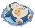  border claws closed_eyes closed_mouth commentary_request fangs fangs_out fletchling grass highres lying no_humans on_back pikachu pokemon pokemon_(creature) signature sleeping smile snorlax torinoko_(miiko_draw) white_border zzz 