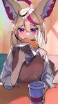  1girl animal_ear_fluff animal_ears blonde_hair burger casual chewing eating food fox_ears fox_girl hair_ornament hololive looking_at_viewer messy_hair multicolored_hair omaru_polka purple_eyes solo streaked_hair virtual_youtuber yuuppi 