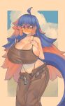  big_breasts blue_hair breasts cleavage clothed clothing female hair hi_res huge_breasts humanoid hyper hyper_breasts multicolored_hair navel orange_eyes pincerpencil pink_hair solo standing tail thick_thighs unknown_character wide_hips 