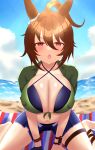  1girl absurdres ael agnes_tachyon_(lunatic_lab)_(umamusume) agnes_tachyon_(umamusume) ahoge animal_ears barefoot beach beach_towel bikini black_bikini black_gloves blue_sky blush breasts brown_hair chestnut_mouth cleavage cloud cloudy_sky criss-cross_halter denim denim_shorts ear_ornament gloves green_jacket hair_between_eyes halterneck highres horse_ears horse_girl jacket large_breasts looking_at_viewer ocean official_alternate_costume on_ground open_fly open_mouth red_eyes sand short_hair shorts single_glove sitting sky sleeves_rolled_up solo swimsuit tied_jacket towel umamusume v-shaped_eyebrows wariza water 