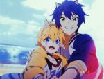  2boys animal_ears bangs banri_0917 beach blonde_hair blue_eyes blue_hair blue_jacket blurry blurry_background blush child fox_boy fox_ears green_eyes grin hair_between_eyes hand_on_another&#039;s_shoulder humanization jacket long_sleeves looking_at_viewer male_child male_focus multiple_boys open_clothes open_jacket open_mouth shirt short_hair smile sonic_(series) sonic_the_hedgehog tails_(sonic) upper_body v white_shirt yellow_jacket 