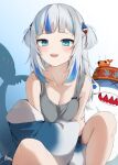  1girl absurdres bare_shoulders bloop_(gawr_gura) blue_background blue_eyes blue_hair blue_jacket blunt_bangs blush breasts cleavage clothes_down collarbone commentary ebi-chan_(gawr_gura) fins fish_tail gawr_gura gradient_background grey_tank_top hair_ornament highres hololive hololive_english jacket long_hair multicolored_hair myolu open_mouth shark_girl shark_hair_ornament shark_tail sharp_teeth simple_background sitting small_breasts smile solo streaked_hair tail tank_top teeth two-tone_background two-tone_hair virtual_youtuber white_background white_hair 