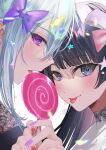  2girls absurdres black_hair black_shirt blue_eyes candy candy_hair_ornament close-up earrings food food-themed_hair_ornament grey_hair hair_ornament hair_ribbon heart heart_hair_ornament highres higuchi_kaede holding holding_candy holding_food holding_lollipop jewelry lace_trim light_particles lollipop looking_at_viewer mole mole_under_eye multiple_girls nijisanji pink_nails pink_ribbon purple_eyes purple_nails purple_ribbon ribbon sakurada_nana shirt sidelocks star_(symbol) star_hair_ornament tongue tongue_out tsukino_mito virtual_youtuber white_shirt 