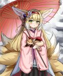  1girl absurdres animal animal_ear_fluff animal_ears arknights black_hakama blonde_hair blush commentary english_commentary fox fox_ears fox_girl fox_tail green_eyes hair_between_eyes hairband hakama hakama_skirt highres holding holding_umbrella japanese_clothes kimono kitsune long_hair long_sleeves looking_at_viewer multicolored_hair obi oil-paper_umbrella parted_lips pink_kimono red_hairband red_umbrella ribbon-trimmed_sleeves ribbon_trim rylaera sash signature skirt solo suzuran_(arknights) suzuran_(yukibare)_(arknights) tail two-tone_hair umbrella very_long_hair white_hair wide_sleeves 