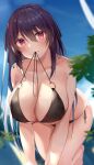  1girl :3 all_fours ao_no_kanata_no_four_rhythm bare_arms barefoot bikini bikini_day bikini_in_mouth black_bikini black_hair blurry blurry_background blush breasts cleavage closed_mouth clothes_in_mouth collarbone commentary_request commission day depth_of_field eyelashes eyes_visible_through_hair hair_between_eyes halterneck highres large_breasts long_hair looking_at_viewer o-ring o-ring_bikini outdoors red_eyes second-party_source side-tie_bikini_bottom sidelocks skeb_commission skindentation smile solo straight-on straight_hair swimsuit thighs tobisawa_misaki u_ronnta very_long_hair 