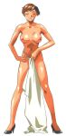  1990s_(style) 1girl black_footwear breasts brown_hair closed_eyes full_body hand_on_own_hip high_heels highres holding holding_towel large_breasts navel nipples non-web_source official_art panties pump retro_artstyle shiny_skin short_hair simple_background solo standing super_real_mahjong tanaka_ryou toono_mizuki topless towel underwear white_background 