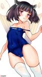  1girl absurdres ahoge aiuti areola_slip ass_visible_through_thighs black_hair blue_one-piece_swimsuit bob_cut cameltoe cleft_of_venus clothes_pull feet_out_of_frame headgear highres name_tag one-piece_swimsuit one-piece_swimsuit_pull purple_eyes short_hair simple_background solo swimsuit thighhighs touhoku_kiritan twitter_username voiceroid white_background white_thighhighs 