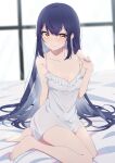  1girl absurdres bare_legs bare_shoulders barefoot bed_sheet blue_hair blurry blurry_background blush breasts cleavage closed_mouth collarbone colored_inner_hair commission depth_of_field dress eyelashes feet frilled_dress frills grey_hair hair_between_eyes hand_up highres indoors kohinata_kuon legs long_hair medium_breasts multicolored_hair on_bed original reikakrzk second-party_source see-through see-through_dress short_dress sidelocks sitting smile soles solo thighs toenails toes very_long_hair white_dress window yellow_eyes 