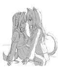  2girls animal_ear_fluff animal_ears anz32 blush cat_ears cat_girl cat_tail closed_eyes closed_mouth commentary_request cropped_legs dog_ears dog_girl dog_tail ears_down greyscale layered_sleeves long_hair long_sleeves monochrome multiple_girls original parted_lips pleated_skirt puffy_short_sleeves puffy_sleeves sailor_collar school_uniform serafuku shirt short_over_long_sleeves short_sleeves simple_background sketch skirt tail twintails twitter_username very_long_hair wavy_mouth white_background yuri 