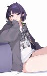  1girl closed_mouth drawstring grey_hoodie hair_ornament hololive hololive_english hood hoodie ku_roiko looking_at_viewer mole mole_under_eye ninomae_ina&#039;nis ninomae_ina&#039;nis_(5th_costume) open_clothes open_hoodie pixie_cut pointy_ears purple_eyes purple_hair shirt short_hair sitting sleeves_past_wrists solo t-shirt tentacle_hair thighs virtual_youtuber white_shirt 