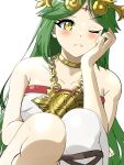 1girl ;t bare_arms bare_shoulders blush breasts closed_mouth collarbone commentary_request dress feet_out_of_frame green_hair hand_up highres kid_icarus knees_up long_hair looking_at_viewer medium_breasts one_eye_closed palutena pantyhose parted_bangs pout simple_background solo squatting strapless strapless_dress taka_p_(zelda27th) upper_body very_long_hair white_background white_dress white_pantyhose yellow_eyes 