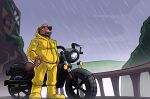  absurd_res anthro clothing coat hi_res male male_anthro motorcycle outside raincoat raining solo solo_focus thekinkybear topwear vehicle 