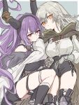  2girls an_fyhx arknights boots breasts cleavage closed_mouth fartooth_(arknights) grey_hair hair_between_eyes highres horns large_breasts long_hair looking_at_viewer lying multiple_girls on_back purple_hair red_eyes shorts typhon_(arknights) yellow_eyes 