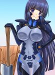  1girl axe blunt_bangs bodysuit breasts commentary_request commission covered_navel cowboy_shot crack headgear hime_cut impossible_bodysuit impossible_clothes kikore_suke large_breasts muvluv muvluv_alternative muvluv_unlimited:_the_day_after purple_bodysuit purple_eyes purple_hair sendou_yuzuka skeb_commission smile solo table 
