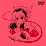  1girl angelic_layer artist_name bodysuit cable clenched_hands closed_mouth fighting_stance frown headgear highres hikaru_(angelic_layer) looking_at_viewer maru_graphic monochrome red_theme short_hair solo spanish_commentary split_mouth upper_body 