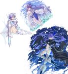  1girl blue_eyes blue_one-piece_swimsuit covered_navel fate/grand_order fate_(series) hair_ribbon highres knee_spikes long_hair meltryllis_(fate) meltryllis_(swimsuit_lancer)_(second_ascension)_(fate) meltryllis_(third_ascension)_(fate) multiple_views navel ocean one-piece_swimsuit purple_hair ribbon sitting sleeves_past_fingers sleeves_past_wrists smile swimsuit underwater very_long_hair yagi_(yagi5art) 