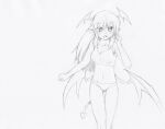  1girl :o alternate_costume ass_visible_through_thighs bikini blush breasts cleavage collarbone cowboy_shot demon_tail graphite_(medium) hair_between_eyes head_wings highres kamikiri koakuma long_hair looking_at_viewer low_wings medium_breasts navel pointy_ears sidelocks simple_background sketch solo swimsuit tail thigh_gap touhou traditional_media white_background wings 