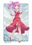  1girl ahoge cloud colonel_aki commentary_request dress hand_on_hip looking_at_viewer mountain pink_hair red_dress red_eyes red_footwear sara_(touhou) shoes short_sleeves side_ponytail skirt sky solo touhou translation_request tree 