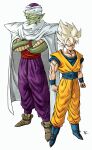  2boys alien baggy_pants blonde_hair cape character_request clenched_hands crossed_arms dragon_ball highres jumpsuit kakeru_(dbskakeru) looking_at_viewer multiple_boys orange_jumpsuit pants piccolo pointy_ears purple_pants simple_background sleeveless spiked_hair toriyama_akira_(style) white_background white_cape 
