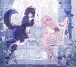  2girls animal_ears black_dress black_footwear blue_flower blue_hair commission dress flower frills high_heels highres indoors lolita_fashion long_sleeves looking_at_viewer multiple_girls original pink_eyes pink_hair puffy_sleeves see-through see-through_skirt skirt tail umehara_sei waistband white_dress white_footwear window 